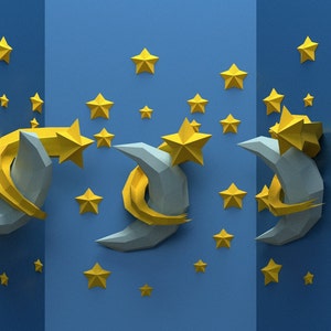 Stella e luna di carta, modello di stella e luna low poly, decorazione di carta per la casa, modello fai da te, download digitale PDF, modello pepakura,