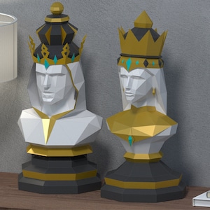3d papercraft chess Queen and King PDF template, paper sculpture, DIY Low Poly chess pieсes, paper Sculpture, DIY paper home decor, diy kit