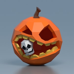 Zucca di Halloween con teschio in carta, modello di zucca e teschio low poly, decorazioni di Halloween, modello fai da te, download PDF, modello pepakura