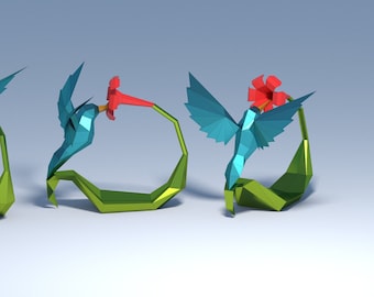 Plantilla de colibrí 3D de Papercraft, plantilla SVG, plantilla PDF digital de pájaro de papel de origami, pájaro de papel de baja poli, plantilla de colibrí