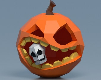 Papercraft citrouille d’Halloween avec crâne, modèle de citrouille et de crâne low poly, décoration d’Halloween, modèle de bricolage, téléchargement PDF, modèle pepakura