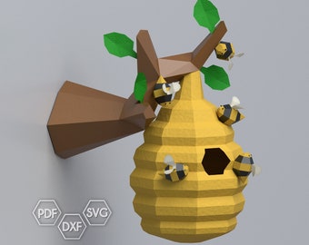 Papercraft bee and hive on a branch, low poly bee and hive template, paper decoration, DIY template, PDF digital download, pepakura template