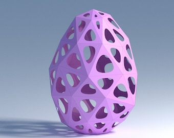 Könnte beinhalten: Eine geometrische, eiförmige Skulptur in Pink mit einem hohlen, durchbrochenen Design. Die Skulptur besteht aus einer Reihe miteinander verbundener Dreiecke und hat ein zartes, luftiges Erscheinungsbild.