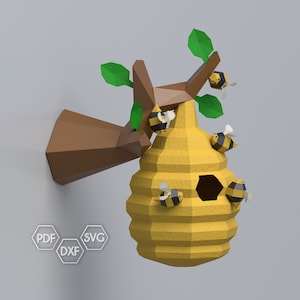 Papercraft bee and hive on a branch, low poly bee and hive template, paper decoration, DIY template, PDF digital download, pepakura template