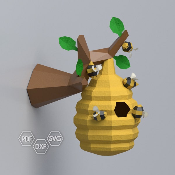 Abeille et ruche en papier sur une branche, modèle low poly abeille et ruche, décoration en papier, modèle DIY, téléchargement numérique PDF, modèle pepakura