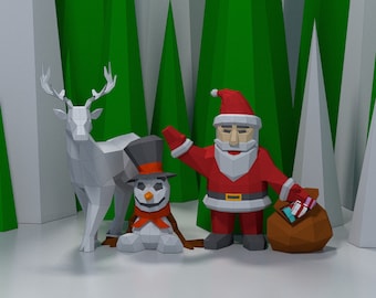 3D papercraft Santa Sneeuwman en Rendier voor het versieren van de kerstboom, laag poly kerstsjabloon, PDF-download, pepakura-sjabloon