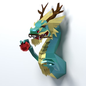 Drago cinese in carta 3D, modello SVG di drago low poly, decorazione di carta, modello fai da te, download PDF, modello pepakura, decorazione di Capodanno