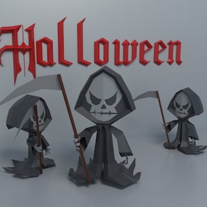 papercraft 3d halloween grim reaper, lowpoly hooded skeleton template, halloween paper decor, SVG template, PDF download, pepakura template