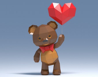 3d papercraft teddy bear with heart balloon digital PDF template for Valentine&#39;s Day gift and Decor, low poly SVG teddy bear, paper bear