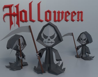 papercraft 3d halloween parca, plantilla de esqueleto con capucha lowpoly, decoración de papel de halloween, plantilla SVG, descarga de PDF, plantilla pepakura