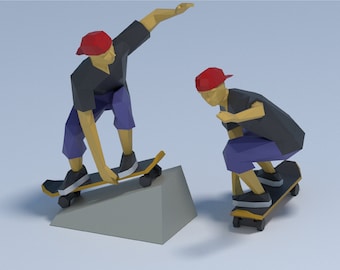 Papercraft skater beeldje digitale pdf-sjabloon, 3d low poly papercaft sculptuur, SVG-project, doe-het-zelf interieur, papier wanddecor, papier skate