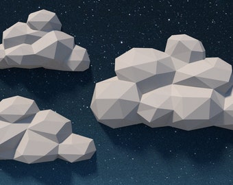 plantilla PDF digital papercraft para nubes, nubes DIY 3D, Origami, escultura Low Poly, nubes pepakura