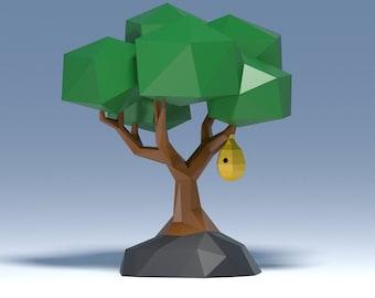 May include: A low-poly 3D model of a tree with green leaves and a brown trunk. A small yellow birdhouse hangs from a branch.