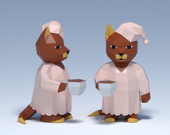 3D Papercraft Katze PDF Vorlage, Low Poly Papierkatze mit Tasse Kaffee Figur, digitale Vorlage für DIY, Papierkatze Wohnkultur, SVG Vorlage