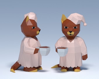 Modèle PDF 3D de chat en papercraft, figurine de chat en papier low poly avec une tasse de café, modèle numérique pour le bricolage, décoration de maison de chat en papier, modèle SVG