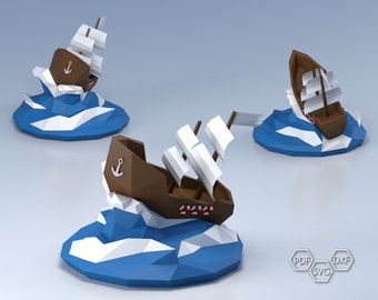 papercraft ship, PDF svg dxf template for paper boat, papercraft boat, pepakura template, digital DIY template, paper decor, low poly boat