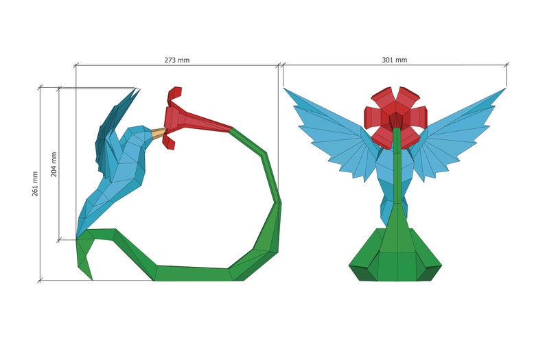 Papercraft 3D hummingbird template, SVG template, origami paper bird digital PDF template, low poly paper bird, hummingbird template image 4
