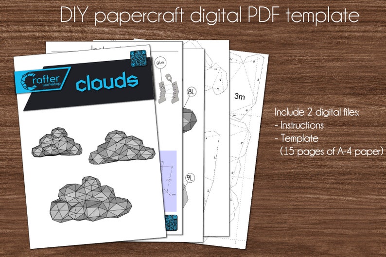 May include: A digital PDF template for a papercraft cloud model. The template includes 15 pages of instructions and patterns for creating a 3D cloud model. The image shows three different cloud shapes.