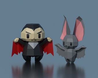 Papercraft halloween vampire and bat, low poly vampire and bat template, halloween decor, DIY template, PDF download, 3d pepakura template