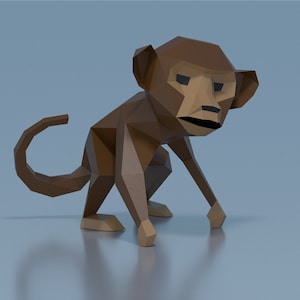 May include: A brown origami monkey with a curled tail. The monkey is in a crouching position with its head tilted down.