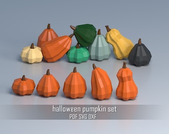 May include: A set of 11 papercraft pumpkins in various colors and shapes, including orange, yellow, green, and black. The pumpkins are arranged in a semi-circle on a light gray background. The text "halloween pumpkin set PDF SVG DXF" is displayed below the pumpkins.