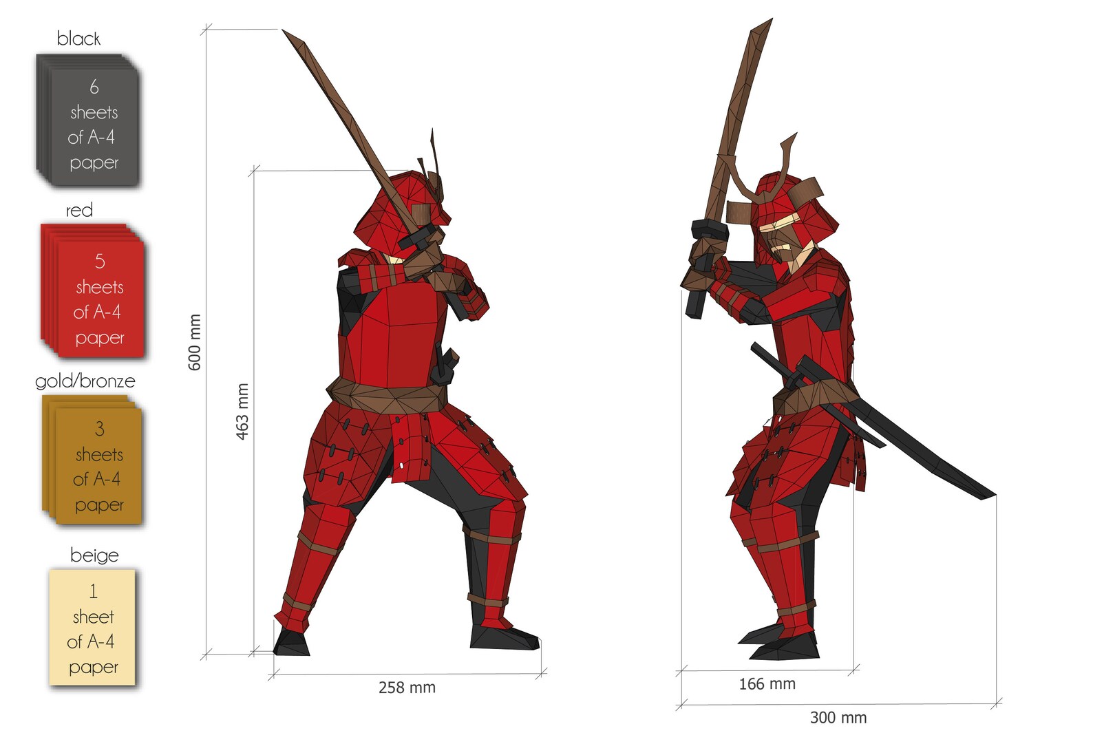 Samurai Paper Notes Papercraft 3d Samurai Warrior Figurine Digital PDF Template, Low Poly ...