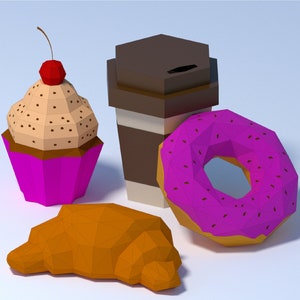 papercraft 3d Tazza di caffè, ciambella, cupcake, croissant, modello di papercraft low poly, decorazione per bar, set di cibo di papercraft, download PDF