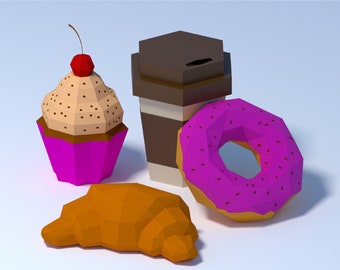 papercraft 3d Cup of coffe, donut, cupcake, croissant, low poly papercraft template, decor for cafe, papercraft food set, PDF download