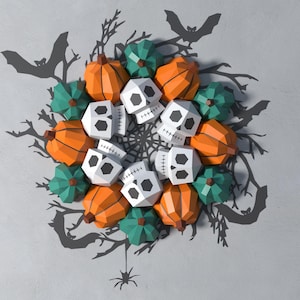 Corona di Halloween in carta con zucca e teschio, modello di zucca lowpoly, decorazione di Halloween, modello fai da te, download PDF, modello pepakura