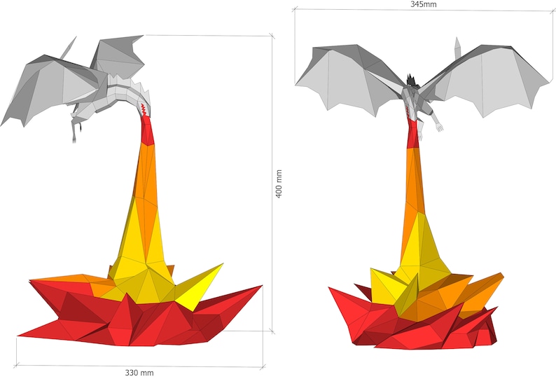 May include: A gray origami dragon with wings outstretched, flying above a red, orange, and yellow origami flame. The dragon is approximately 345 mm wide and 400 mm tall.