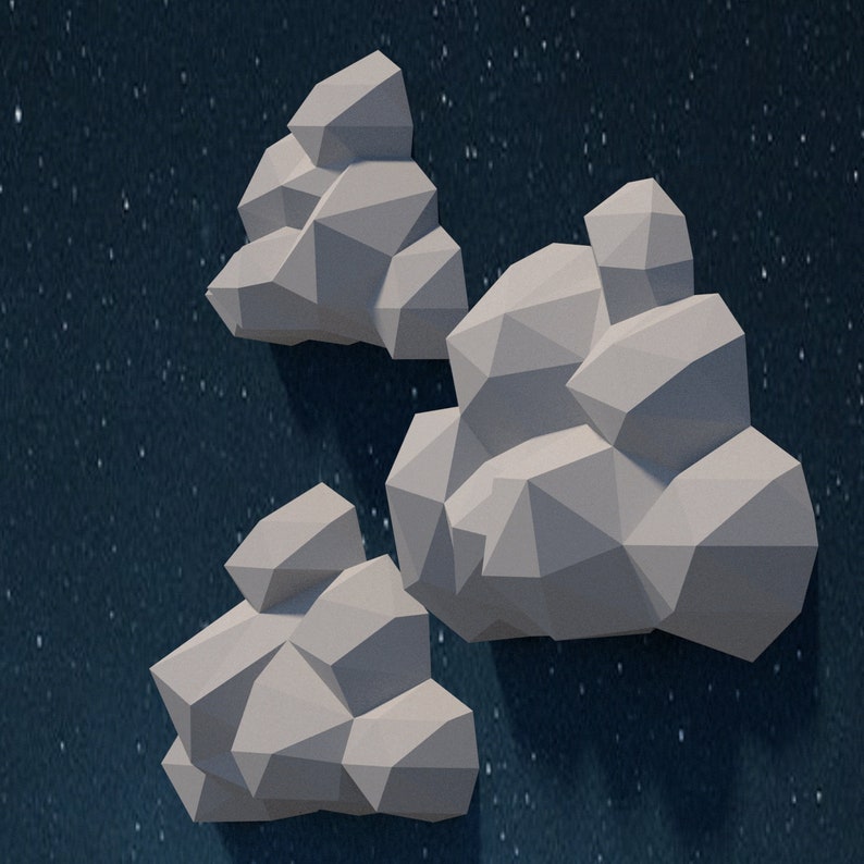 May include: Three white, geometric, paper clouds against a dark blue, starry background.