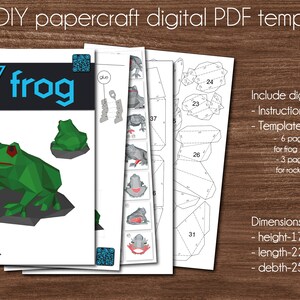 May include: DIY papercraft digital PDF template for a frog. The template includes 6 pages of A-4 paper for the frog and 3 pages for the rock. The finished model is 175 mm high, 220 mm long, and 252 mm deep.