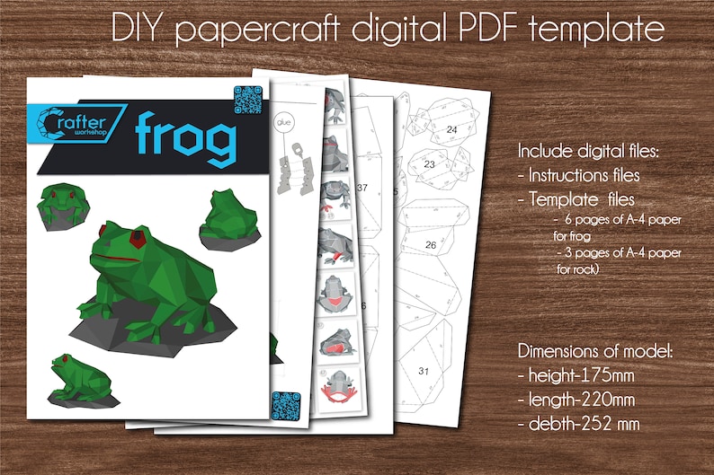 May include: DIY papercraft digital PDF template for a frog. The template includes 6 pages of A-4 paper for the frog and 3 pages for the rock. The finished model is 175 mm high, 220 mm long, and 252 mm deep.