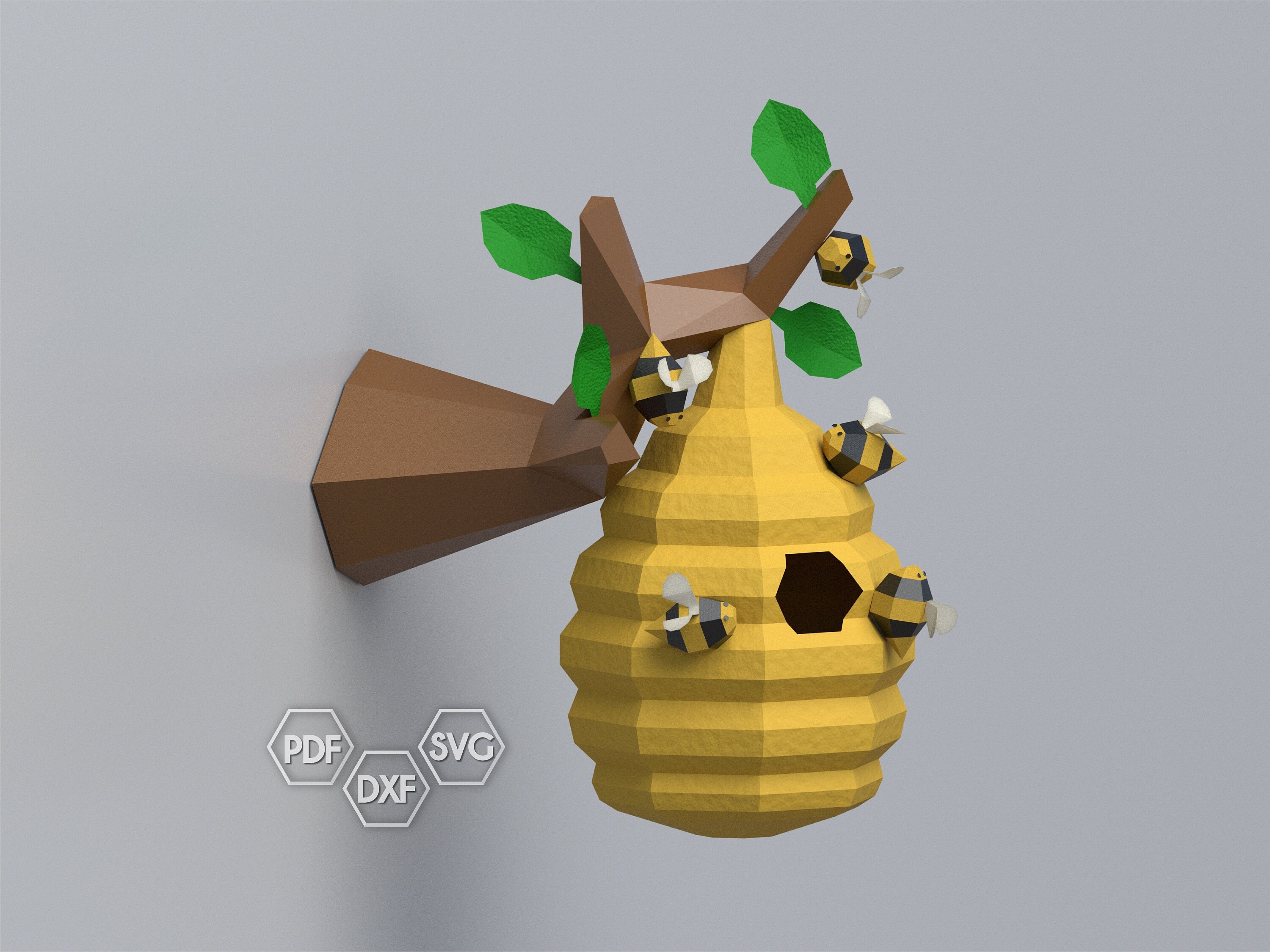 Papercraft bee and hive on a branch, low poly bee and hive template, paper decoration, DIY template, PDF digital download, pepakura template