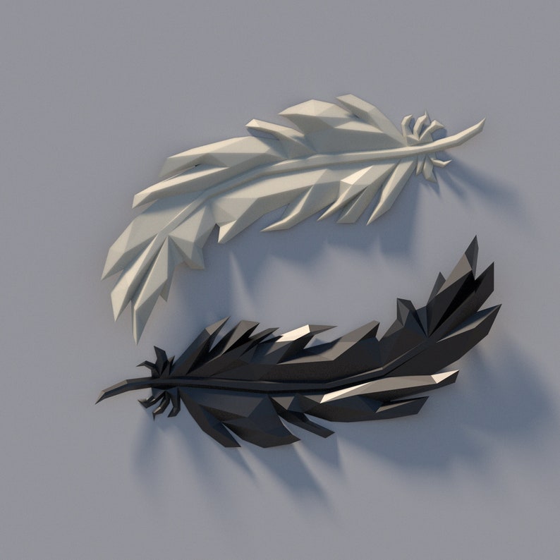 May include: Two geometric feathers, one white and one black, are arranged in a yin-yang style. The feathers are made of paper or cardboard and have a 3D effect.