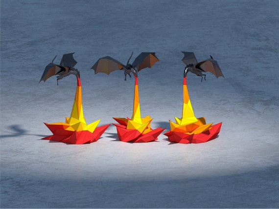 3D Papercraft dragon with fire, low poly  fire dragon  template, paper decor, DIY template, PDF download, pepakura template,home decoration