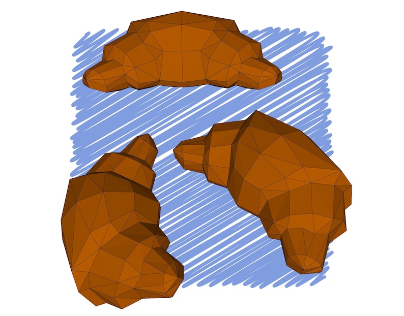 May include: Three brown, geometric, croissant shapes on a blue and white striped background.