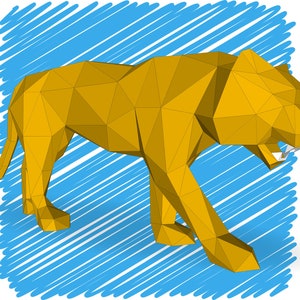 May include: A low-polygon style illustration of a golden tiger walking with its mouth open, set against a blue and white striped background.