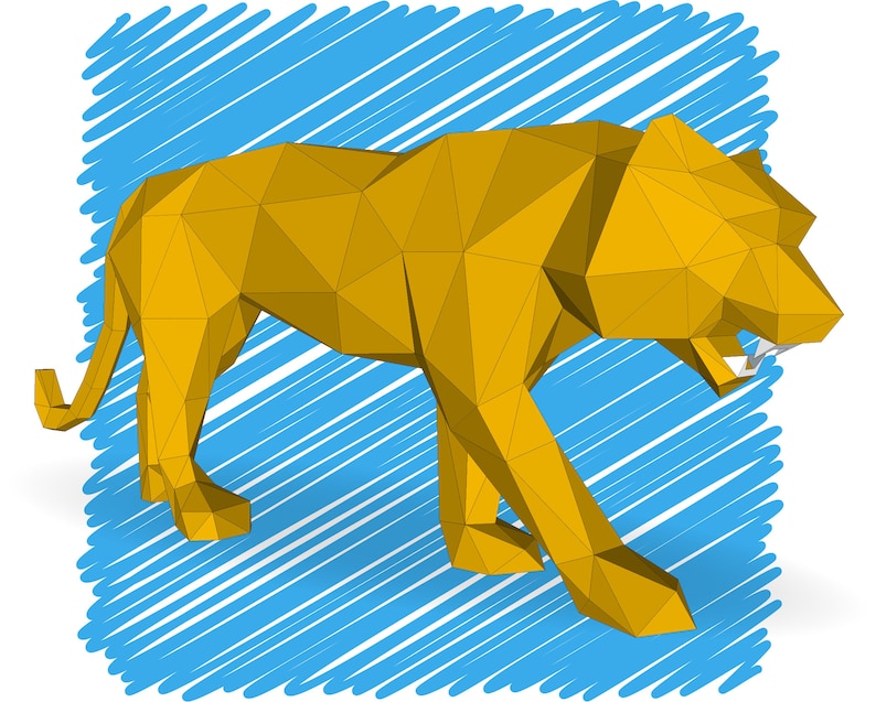 May include: A low-polygon style illustration of a golden tiger walking with its mouth open, set against a blue and white striped background.