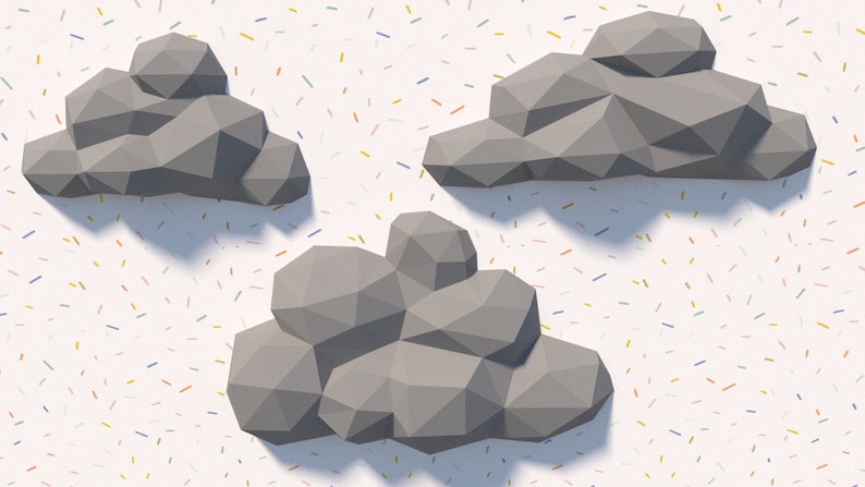 May include: Three grey, geometric, origami-style clouds against a white background with a confetti-like pattern of colourful lines.