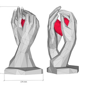 3d papercraft heart in hands for Women's Day PDF template, paper sculpture, DIY Low Poly hands with Heart Sculpture for Women's Day image 4