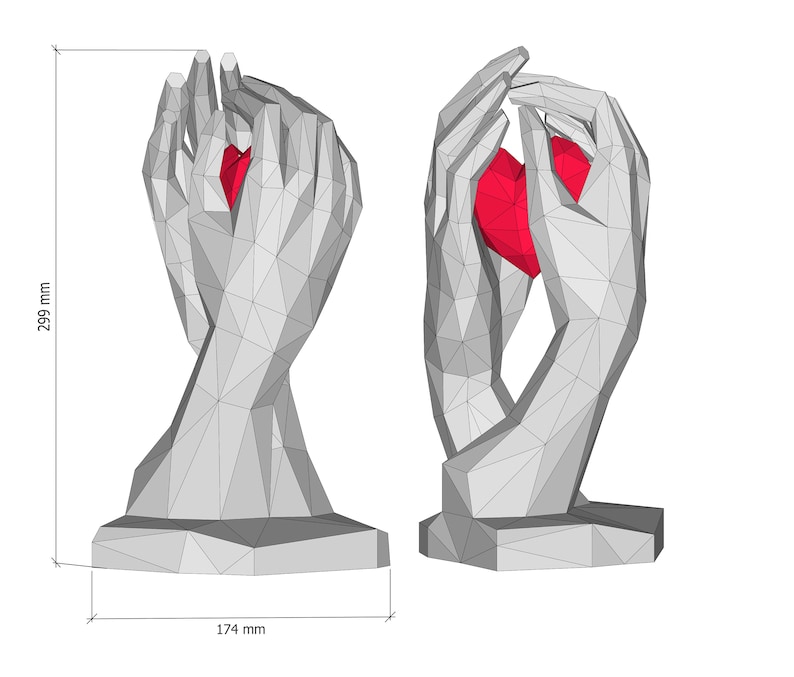 3d papercraft heart in hands for Women's Day PDF template, paper sculpture, DIY Low Poly hands with Heart Sculpture for Women's Day image 4