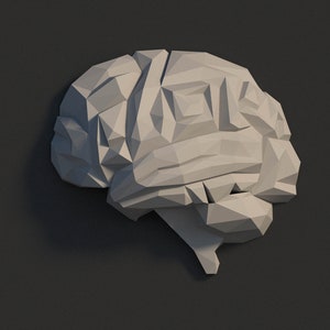 May include: A white, origami-style brain sculpture with a geometric design. The sculpture is made of paper and has a three-dimensional shape.