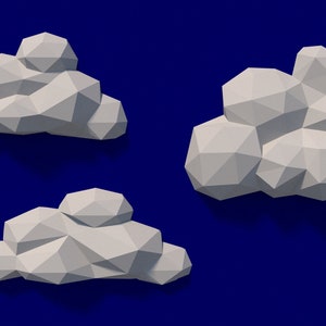 May include: Three white, geometric, paper clouds against a dark blue background. The clouds are made of triangles and have a 3D effect.