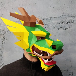 Máscara de dragón chino 3D de Papercraft, plantilla digital en PDF, máscara de papel de baja poli, disfraz de Halloween único, máscara de Año Nuevo, plantilla SVG de Pepakura