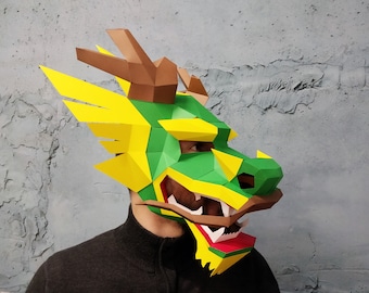 Papercraft 3d Chinese dragon Mask PDF digital Template, Low Poly Paper Mask, Unique Halloween costume, New Year mask, pepakura  SVG template