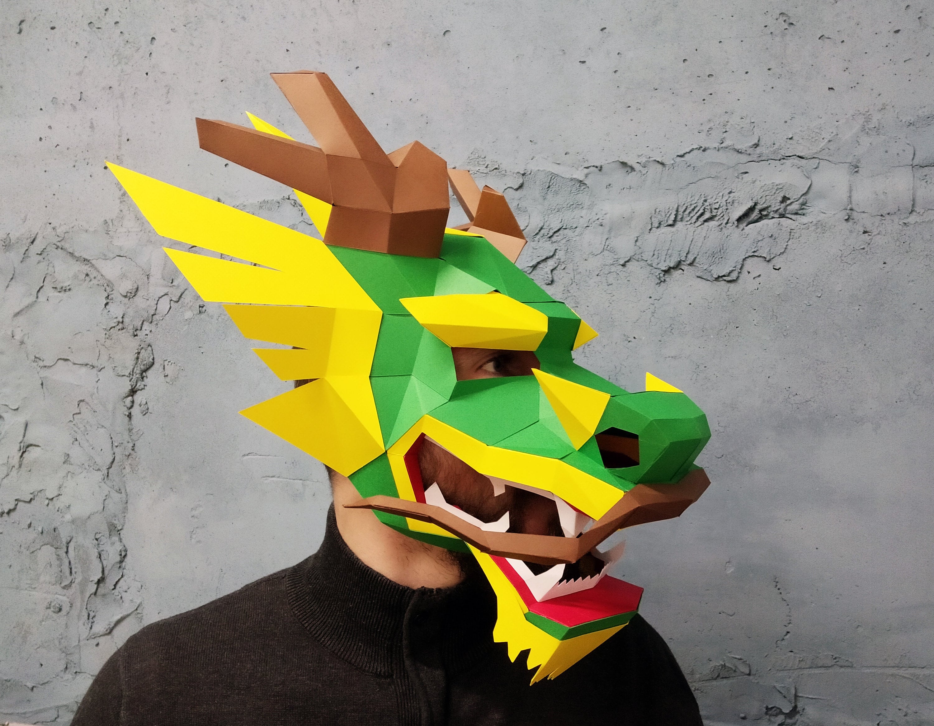 Papercraft 3d Chinese Dragon Mask PDF Digital Template, Low Papercraft 3d Chinese Dragon Mask PDF Digital Template, Low