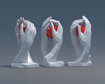 Cuore di carta 3D nelle mani per la Festa della Donna Modello PDF, scultura di carta, mani Low Poly fai da te con scultura a cuore per la Festa della Donna