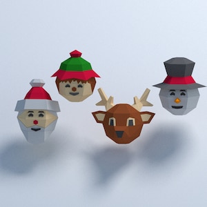 Giocattoli di carta per l'albero di Natale, modello di Natale low poly, decorazione di carta per il nuovo anno, Babbo Natale di carta con cervo ed elfo, modello pepakura SVG