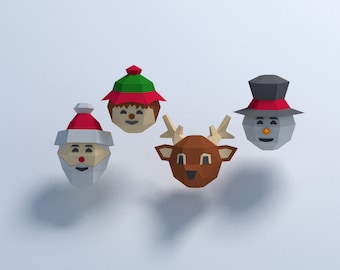 Papercraft Christmas tree toys, low poly Christmas  template, New Year paper decoration, paper santa  deer and elf, SVG pepakura template